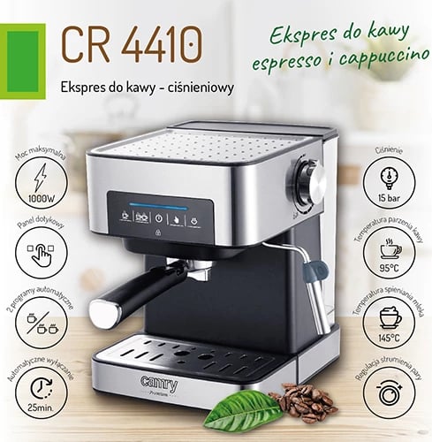 makinë kafeje me presion, Camry, CR 4410, 15 bar, depozitë 1.6 L, 850-1000W, panel me prekje, argjendtë