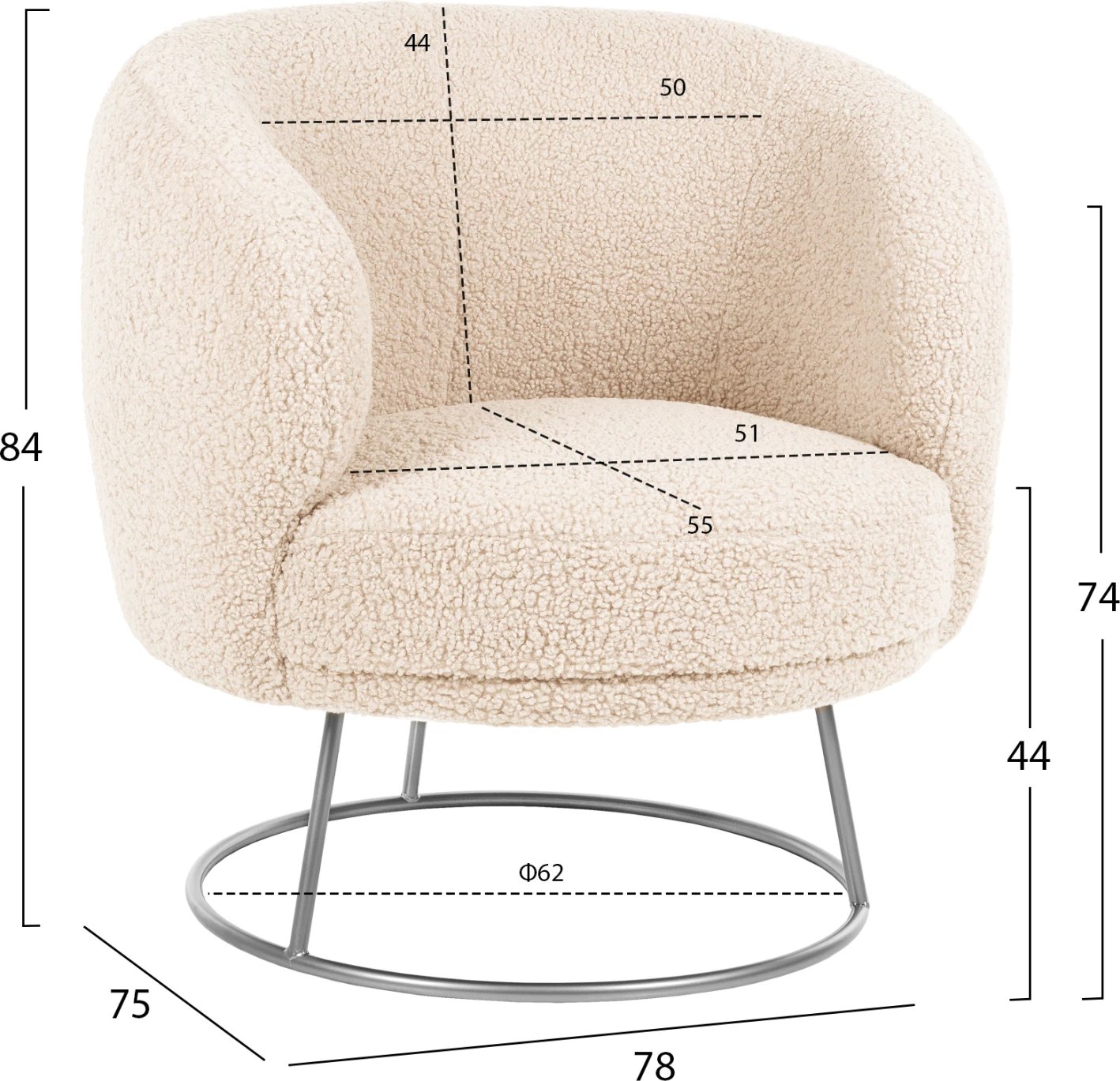 Fotelje ARIEN FH8403.23, pëlhurë boucle, bazë metalike argjendi, 78x75x84H cm