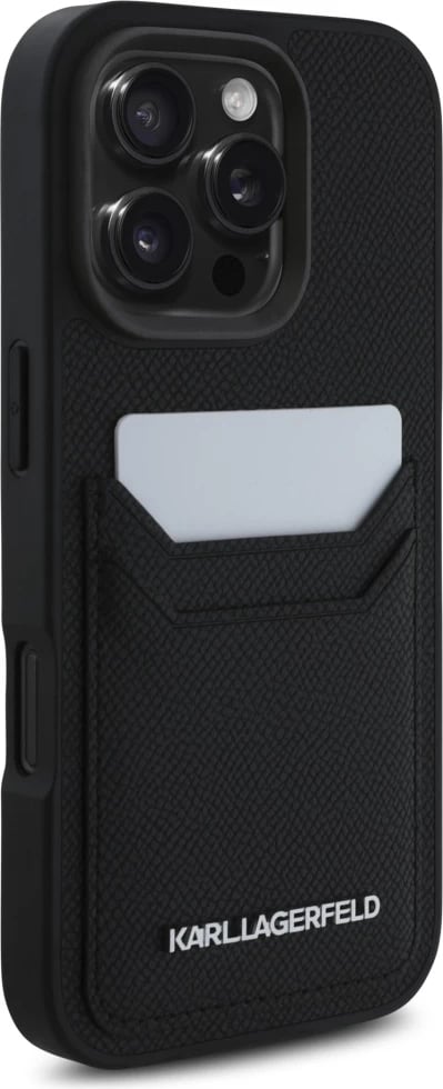 Mbështjellës Karl Lagerfeld HC Grained PU Cardslot Metal Elong për iPhone 16 Pro Max, e zezë