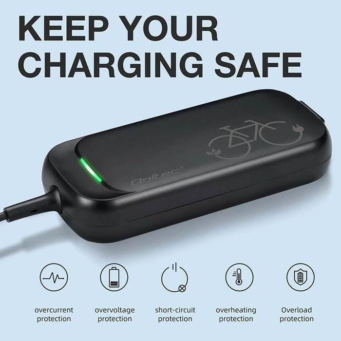 Karikues për biçikletë elektrike, Qoltec, 50762, 42V 2A 84W për bateri 36V Li-ion, prizë Bosch, IP54, me kabllo rryme, i zi