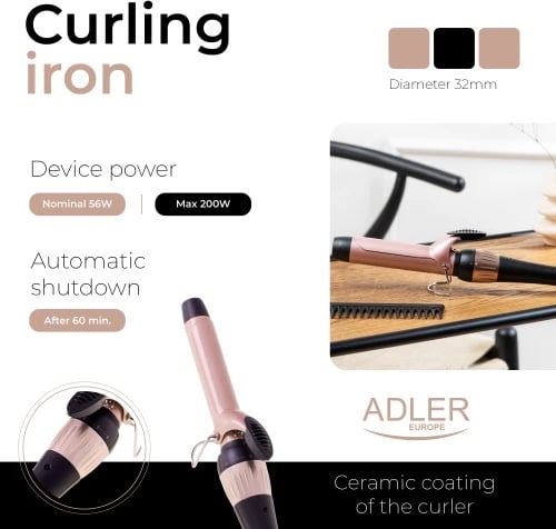 mashë flokësh, Adler AD 2118, 32mm, kontroll temperature 140-200°C, cilindër qeramik, rozë/zezë