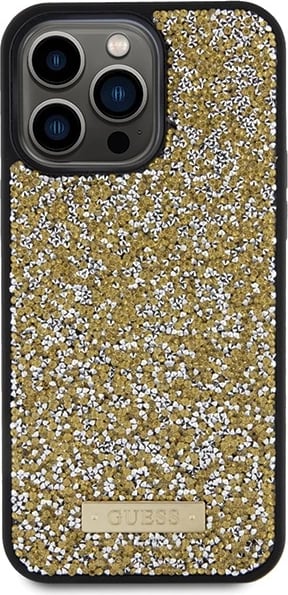 Mbështjellës Guess Rhinestone Metal Logo për iPhone 15 Pro, e verdhë