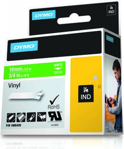 Shirit etiketues Dymo Rhino Coloured Vinyl 1805420 vinyl, për përdorim brenda/jashtë, bardhë/jeshile