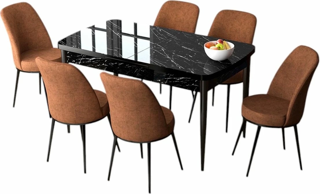 Set tavoline me karrige për ngrënie, i zgjatshëm, 7 copë, Skye Decor, mermer i zi, karrige ngjyrë të kuqe tile