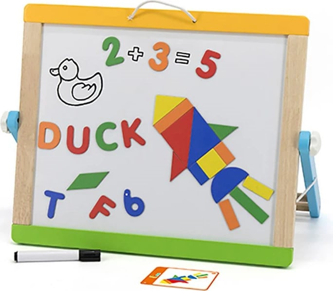 Tabelë magnetike druri, Viga, me dy anë (tabelë e bardhë + shkumës), set me 26 shkronja, 10 numra, 29 forma, me rul letre, multingjyrës