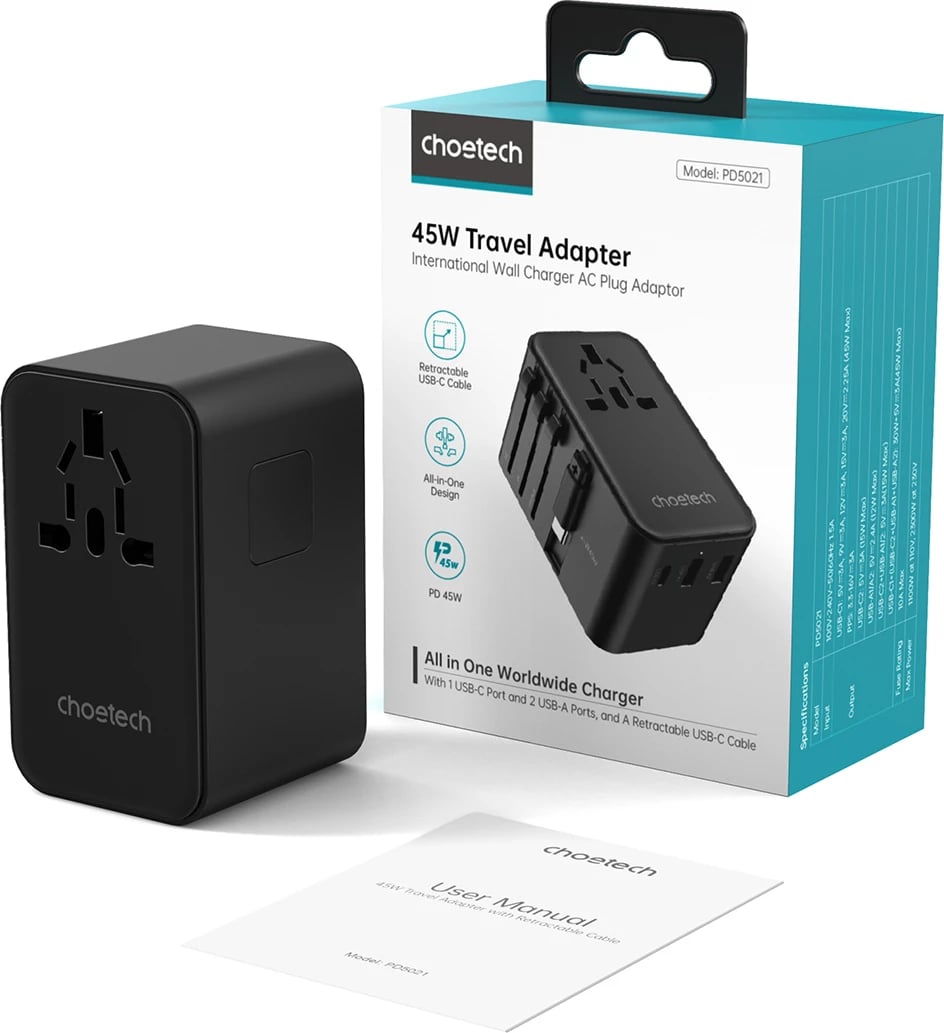Adapter udhëtimi Choetech PD5021, 45W, me kabllo USB-C të integruar, 4 porta, i zi