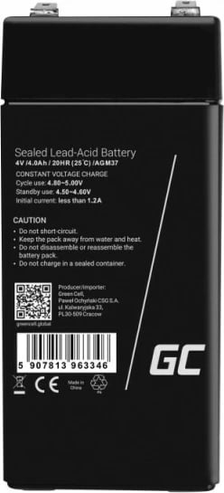 Bateri AGM VRLA plumb-acid e mbyllur, Green Cell, AGM37, 4V 4Ah, e zezë