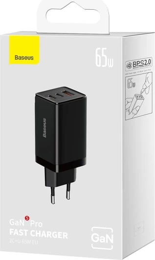 Karikues muri Baseus GaN5 Pro, 65W, 2xUSB-C, 1xUSB-A, me kabllo USB-C në USB-C, i zi