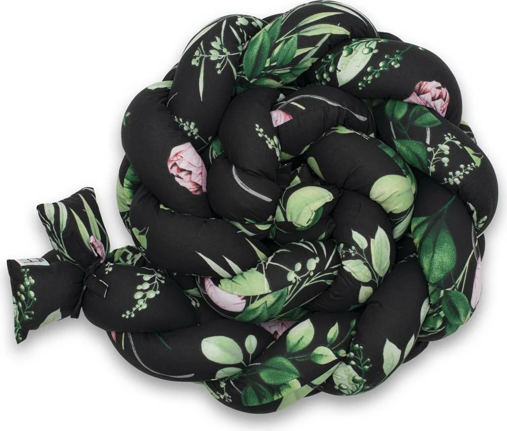 mbrojtës gërshet për krevat bebe, New Baby, Peonies, 210x18x10 cm, pambuk + minky, ngjyrë e zezë