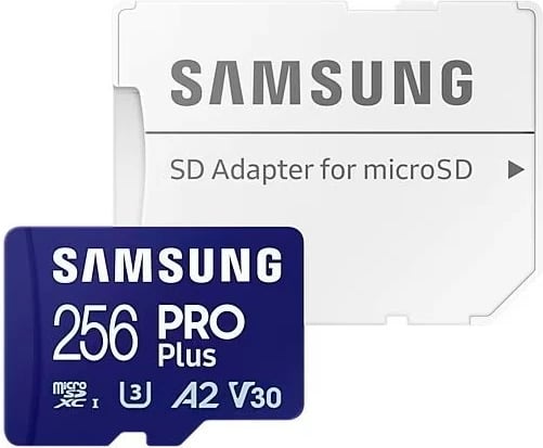 Kartelë memorie microSD Samsung PRO Plus 256 GB me adapter, e kaltër