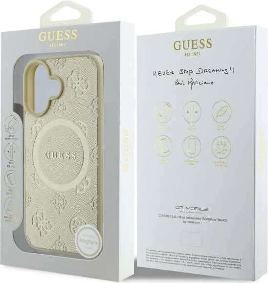 Mbështjellës Guess Saffiano Peony Classic Logo MagSafe për iPhone 16, ari