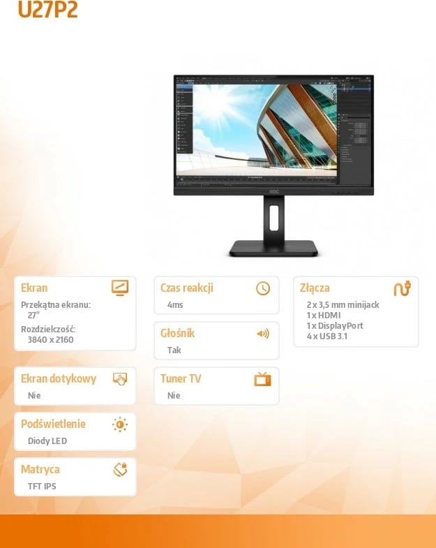 Monitor AOC U27P2, 27", IPS, 4K UHD, Pivot, HDMI, DP, USB, E zezë