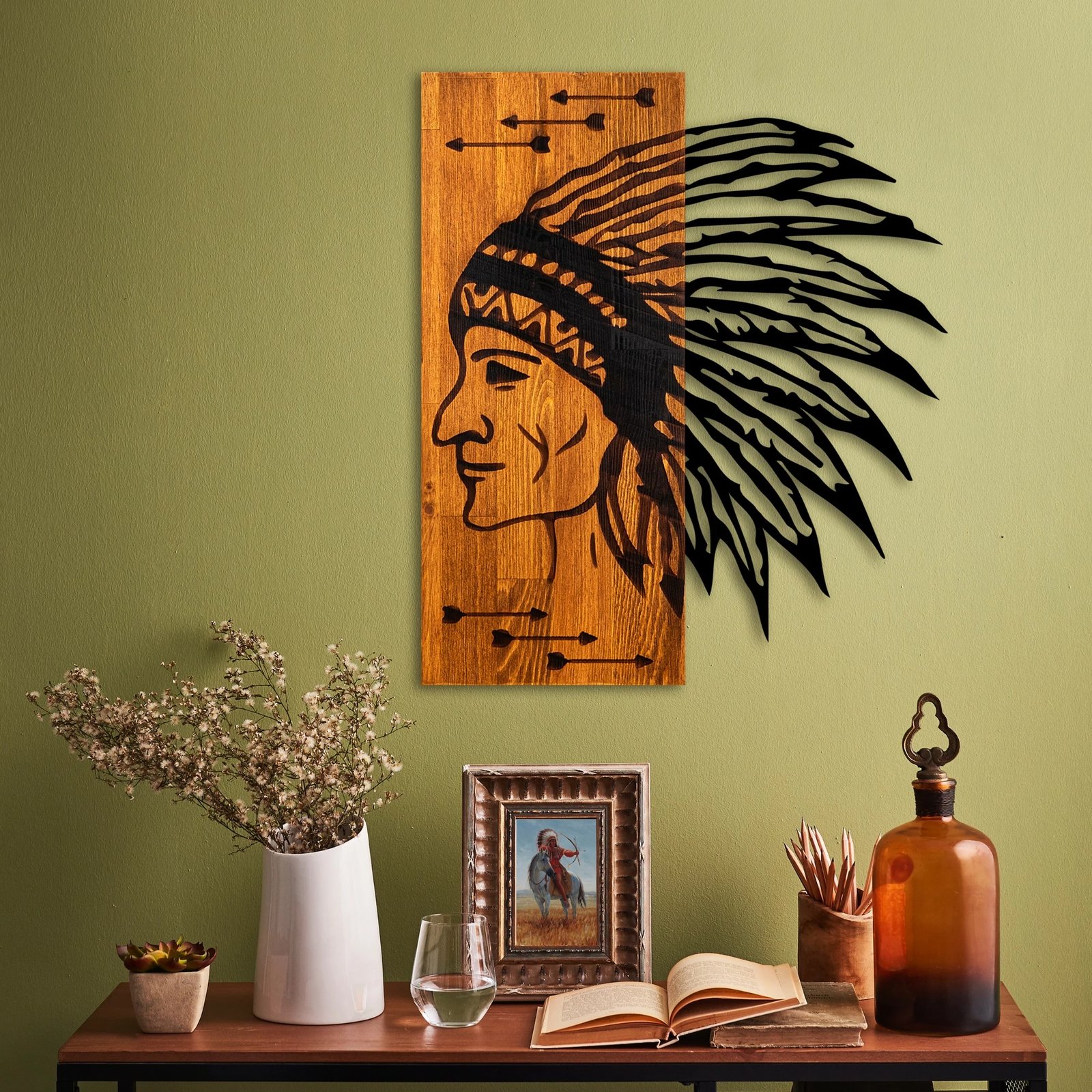 Aksesor dekorativ prej druri për mur, Wallity Apachi, ngjyrë arre dhe e zezë