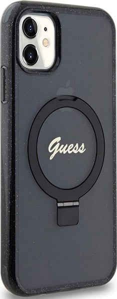 Mbështjellës Guess Ring Stand Script Glitter MagSafe për iPhone 11/XR, i zi