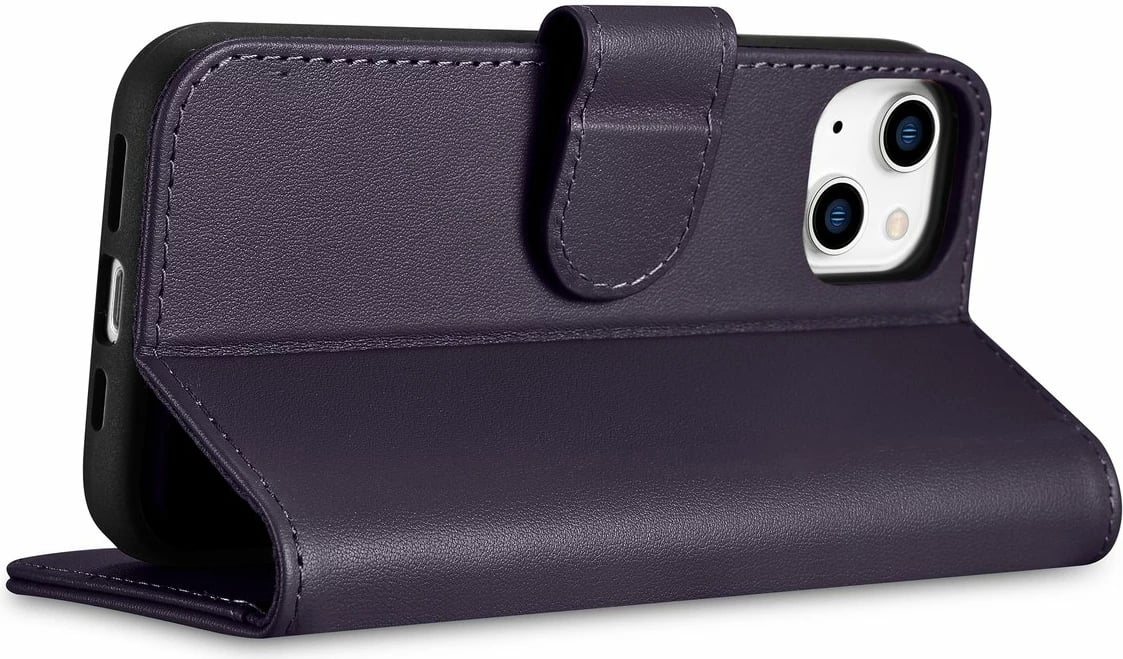 Mbështjellës iCarer Wallet Case 2in1 për iPhone 14 Pro Max, lëkurë natyrale, Anti-RFID, Vjollcë e errët