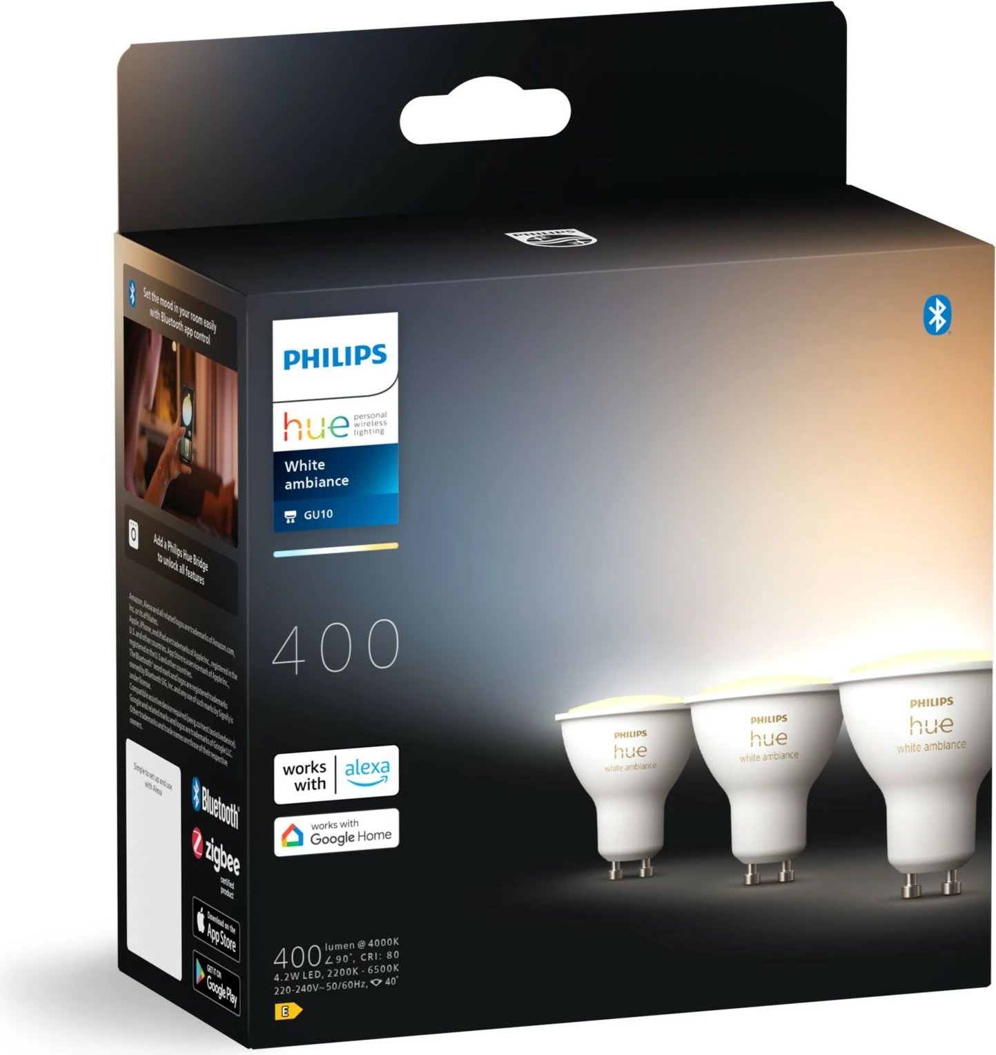 Spot GU10 Philips Hue White Ambiance, 3-pack, Bluetooth/Zigbee, Bardhë
