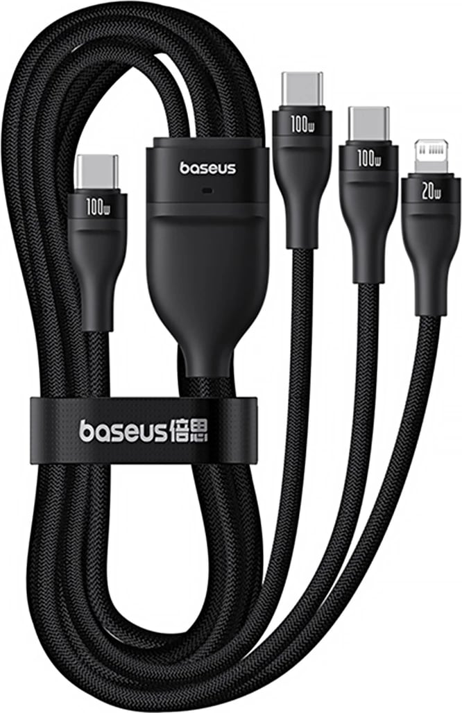 Kabllo 3-në-1 Baseus Flash Series 3, 100W, USB-C në USB-C+USB-C+Lightning, 1.5m, e zezë Kabllo 3-në-1 Baseus Flash Series 3, 100W, USB-C në USB-C+USB-C+Lightning, 1.5m, e zezë