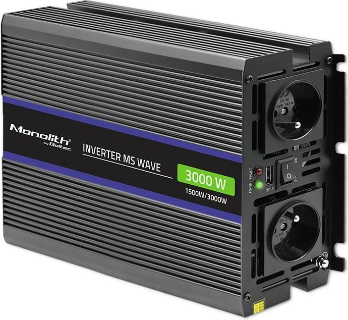 Konvertues voltazhi Qoltec Monolith 3000 MS Wave, 12V në 230V, 1500/3000W, USB, Zi