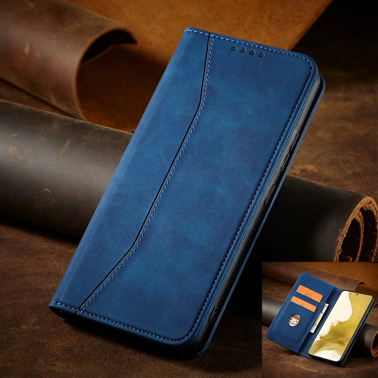 Mbështjellës Hurtel Magnet Fancy Case për Samsung Galaxy S22+, portofol, blu