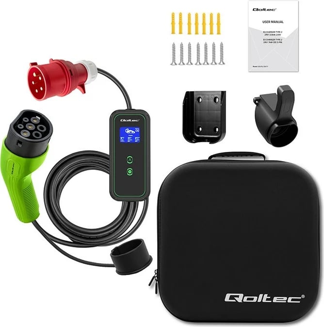 Karikues portabil për makina elektrike Qoltec 52478, Type 2, 11kW, 3 faza, WiFi, LCD, 5m, i zi/gjelbër Karikues portabil për makina elektrike Qoltec 52478, Type 2, 11kW, 3 faza, WiFi, LCD, 5m, i zi/gjelbër