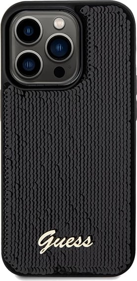 Mbështjellës Guess Sequin Script Metal për iPhone 14 Pro Max, i zi