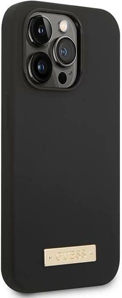 Mbështjellës Guess Silicone Logo Plate MagSafe për iPhone 14 Pro Max 6.7", zi