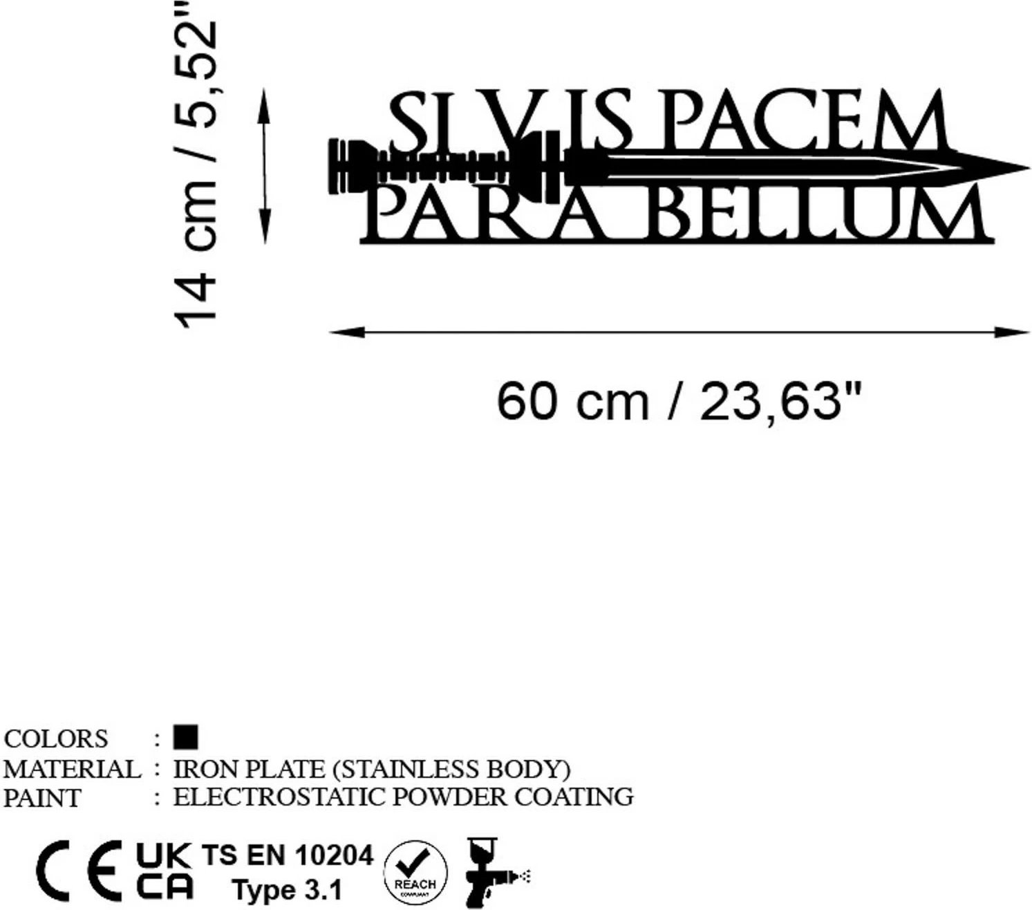 Aksesor dekorativ metalik për mur, Wallity, Si Vis Pacem 2, ngjyrë e zezë, 60x14cm