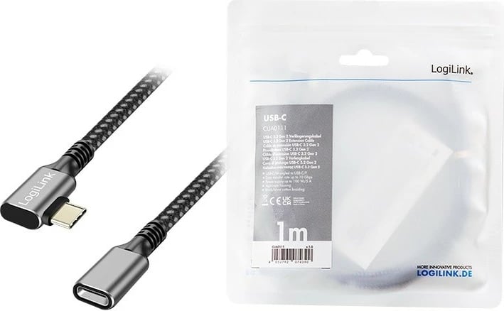Kabllo zgjatuese USB-C LogiLink CUA0111, 1m, USB 3.2 Gen2, Power Delivery, Kënde 90°, e zezë
