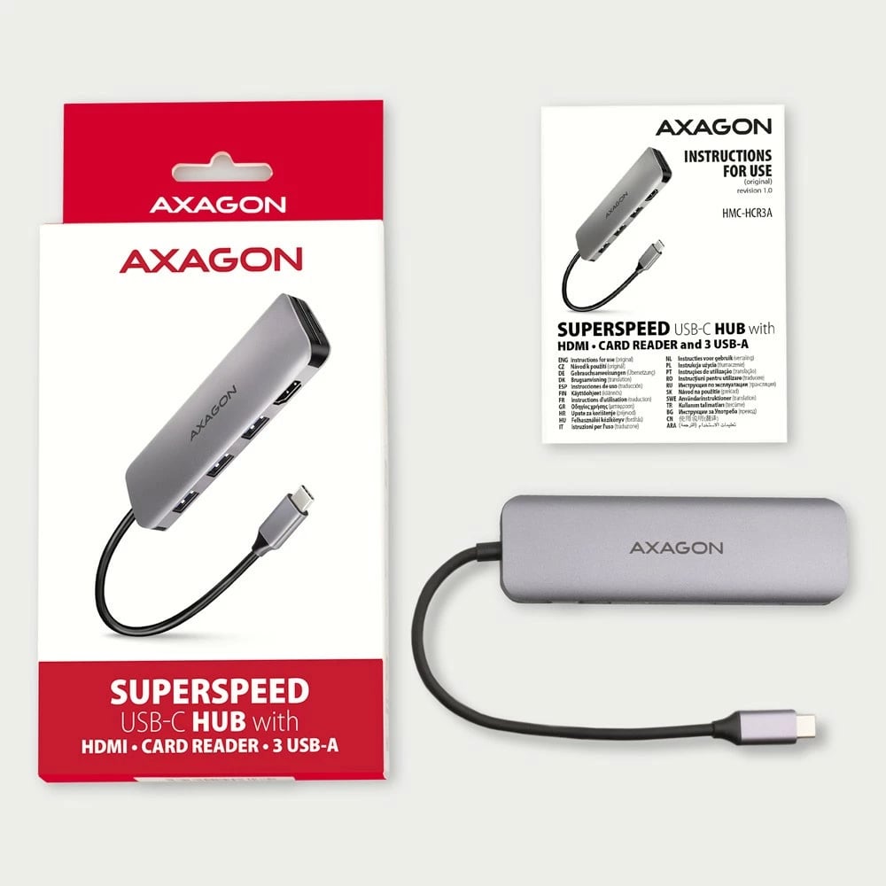 Kasë multiport AXAGON HMC-HCR3A, 3x USB-A, HDMI, SD/microSD, USB-C 3.2 Gen1, 20cm, Gri