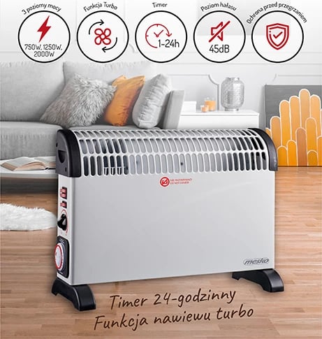 Ngrohës konvektor, Mesko, MS 7741, 2000W, termostat, timer 24h, ventilator Turbo, i bardhë
