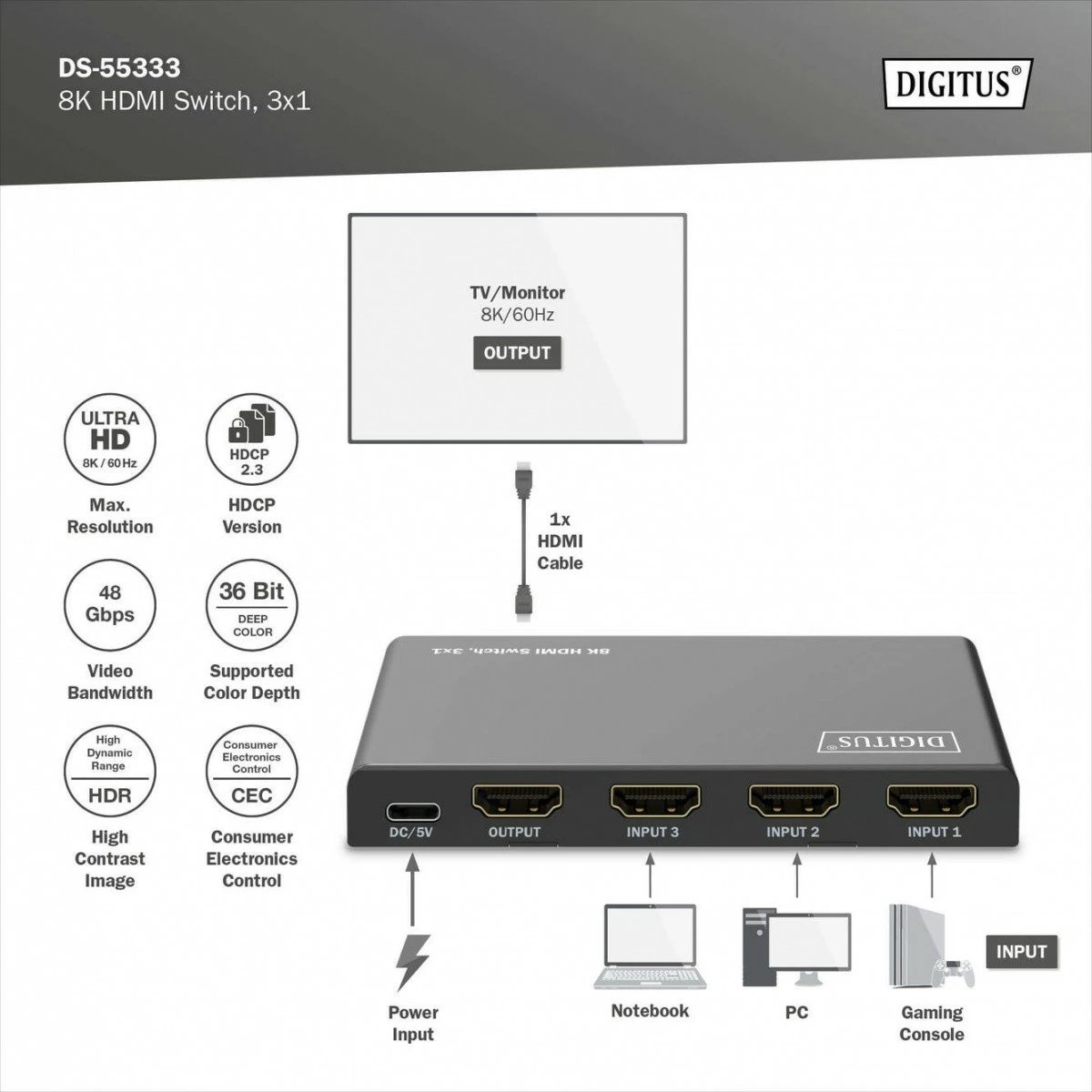 Switch HDMI 8K Digitus DS-55333 me telekomandë, 3 hyrje, 1 dalje, e zezë