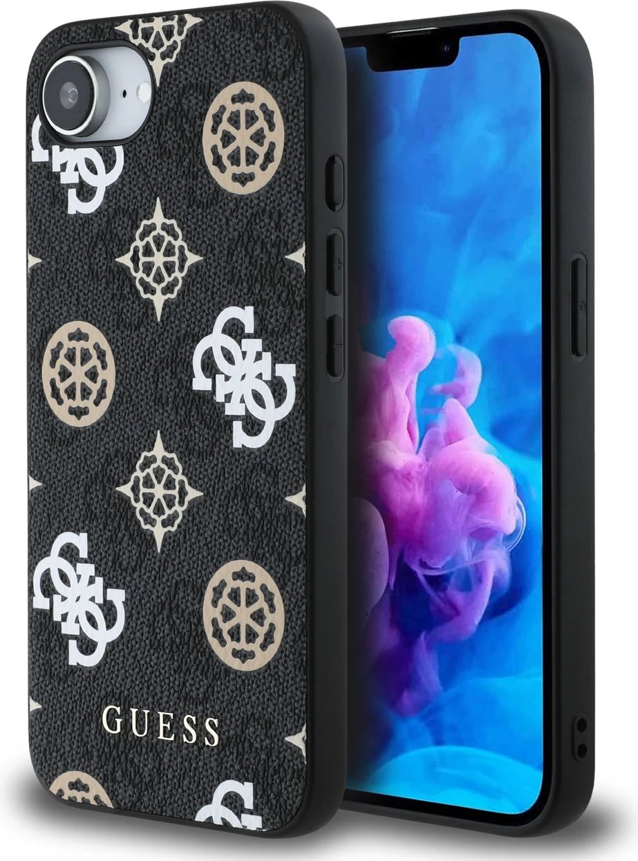 Mbështjellës Guess PU 4G Peony me MagSafe për iPhone 16e, i zi