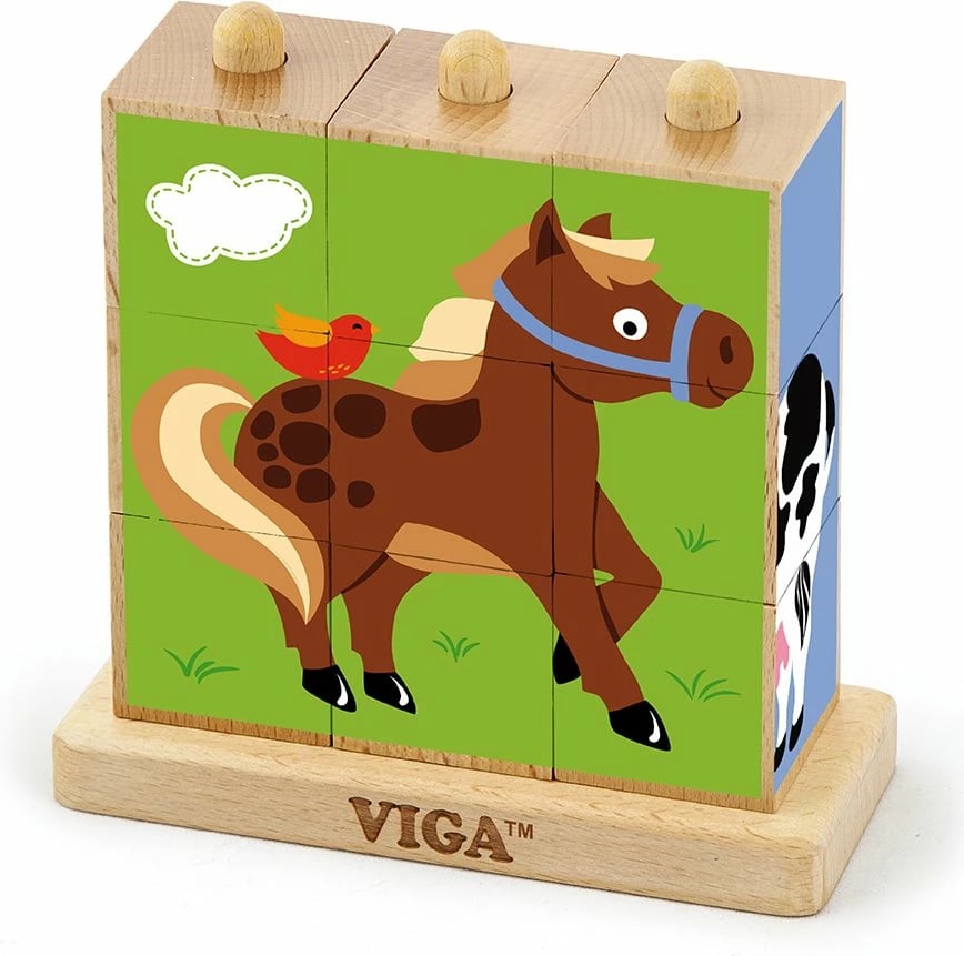 Puzzle blloqe druri me bazë, Viga Farm, 9 copa, 14x14x5 cm, multikolor