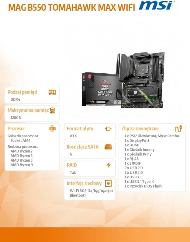 Pllakë amë MSI MAG B550 TOMAHAWK MAX WIFI, Socket AM4, ATX, DDR4, Wi-Fi 6E, e zezë