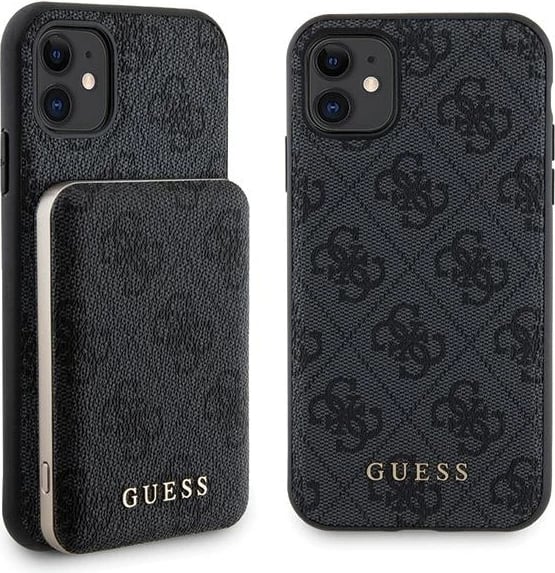 Mbështjellës Guess 4G Metal Logo për iPhone 11 + Powerbank MagSafe 5000mAh, Zi, set