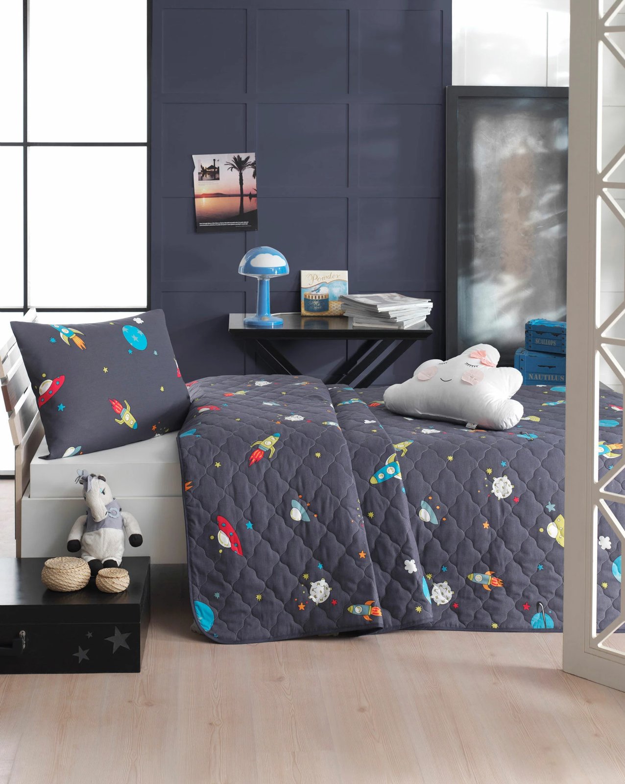 Set mbulesë krevati njëpersonale Ranforce L'essentiel, Uzay, ngjyrë kaltër e errët