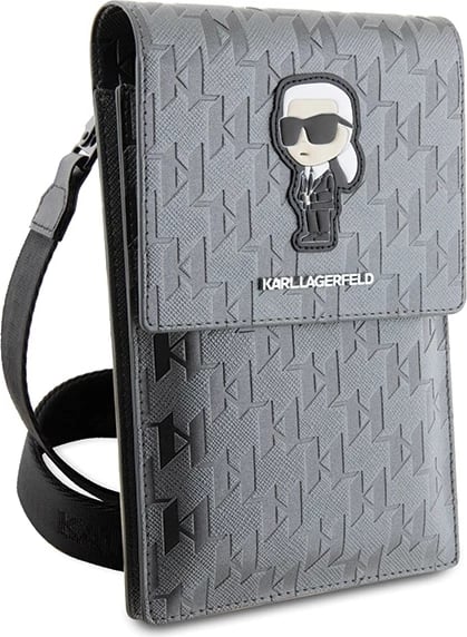 Çantë për celular Karl Lagerfeld Saffiano Monogram Ikonik, argjendtë
