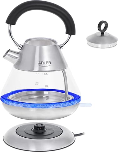 Zierëse uji elektrike, Adler AD 1282, 1.5L, 1850–2200W, STRIX, LED blu, bazë 360°, qelq/çelik, inox