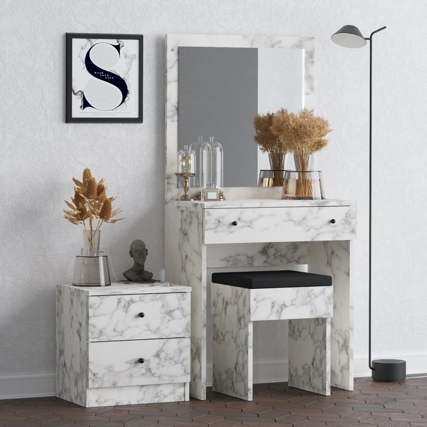 Tavolinë grimi me komodinë e karrige, ngjyrë Carrara Marble, Hanah Home, Nice