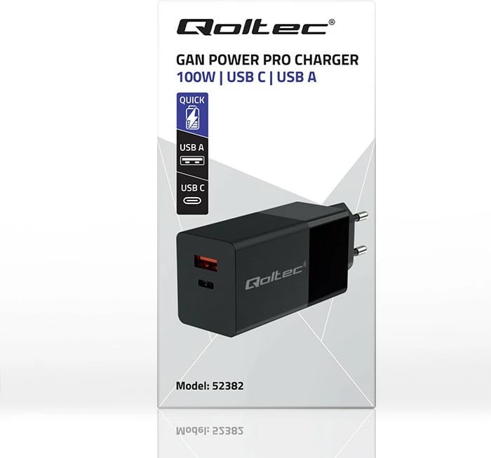 Karikues mur Qoltec GaN Power Pro 52382, 100W, 1x USB-C, 1x USB-A, i zi