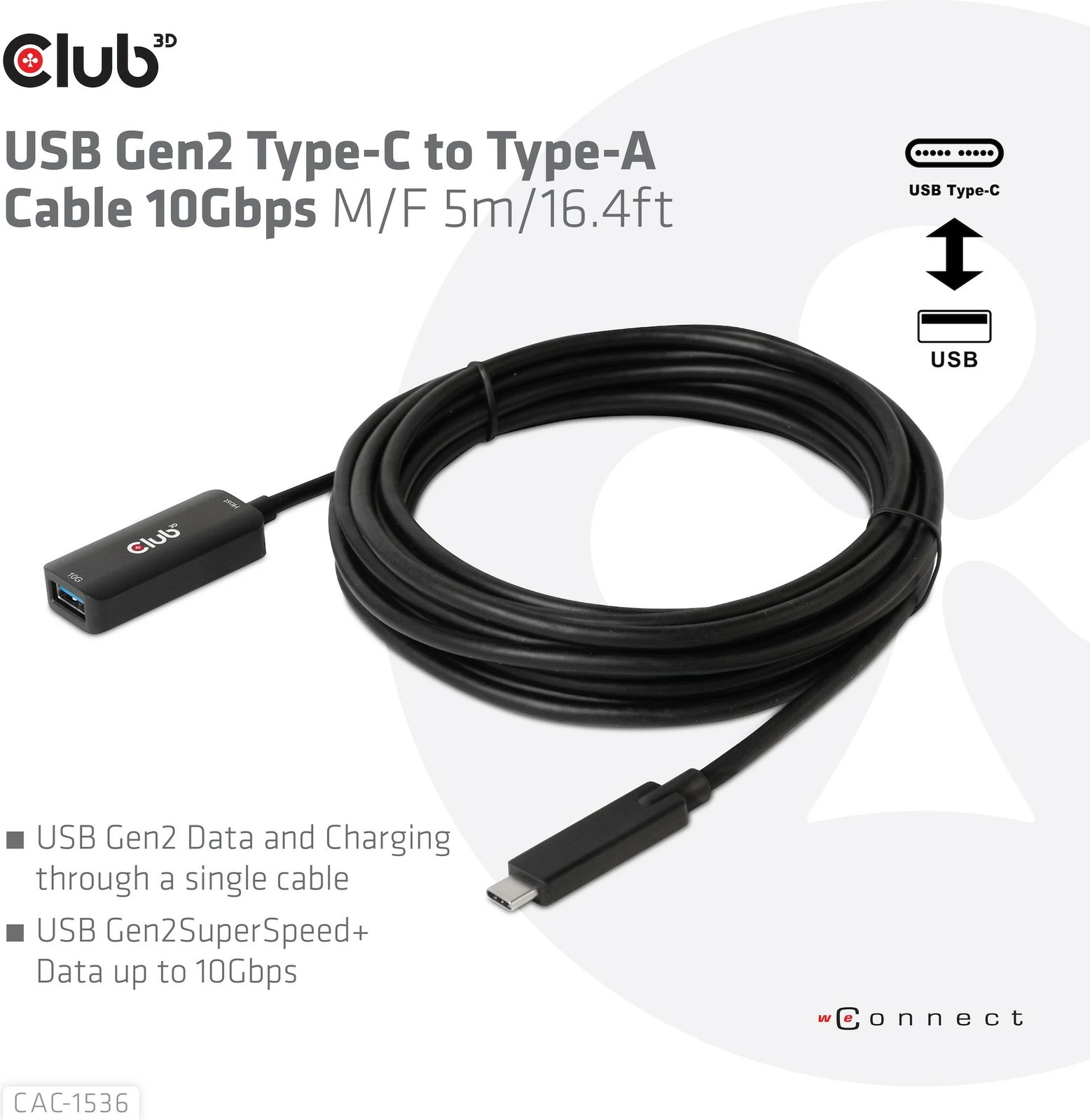 Kabllo USB Club3D USB 3.2 Type-C në Type-A 5m e zezë