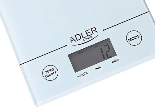 Peshore kuzhine, Adler AD 3138, kapacitet 5 kg, saktësi 1 g, platformë 14x20 cm, ekran LCD, funksion TARE, fikje automatike, e bardhë
