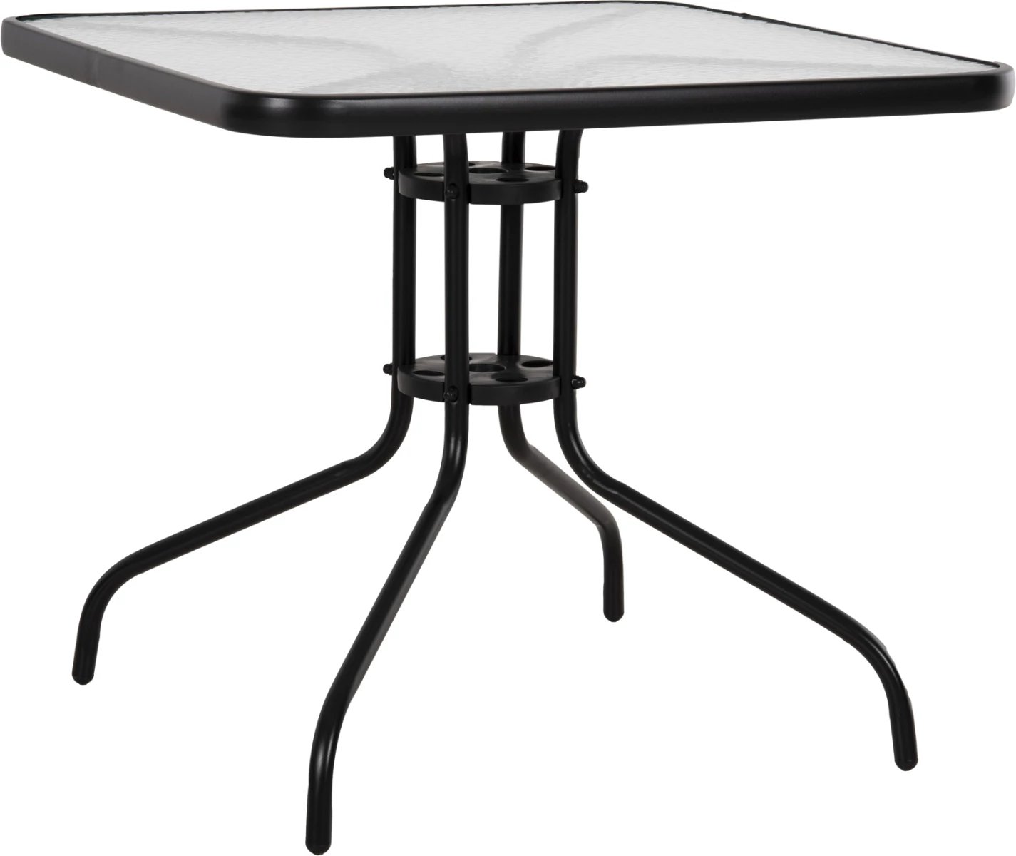 Tavolinë e jashtme katrore FIGO FH5972.03, metalike e zezë me sipërfaqe tavoline prej xhami, 80x80x71 cm