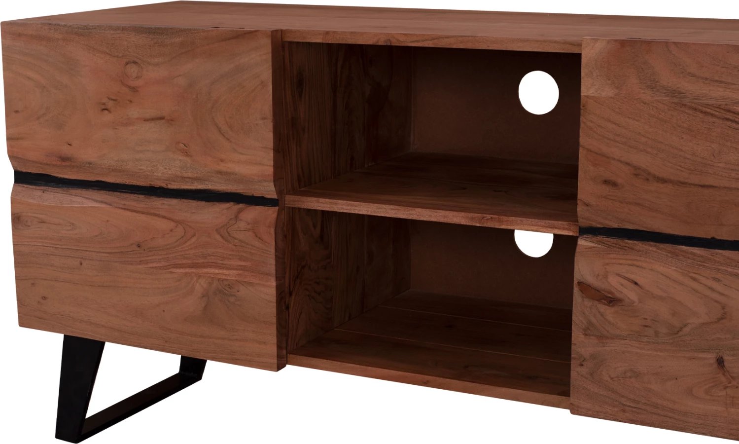 Komodë TV Alicia, dru akacie masiv, ngjyrë natyrale, këmbë metalike të zeza, 130x43x66 cm