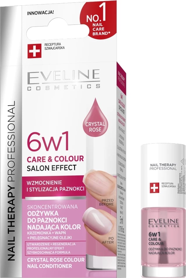 Llak për thonj për femra Eveline Cosmetics Nail Therapy Professional 6w1 Care & Colour Concentrated Nail Conditioner Crystal Rose, 5ml