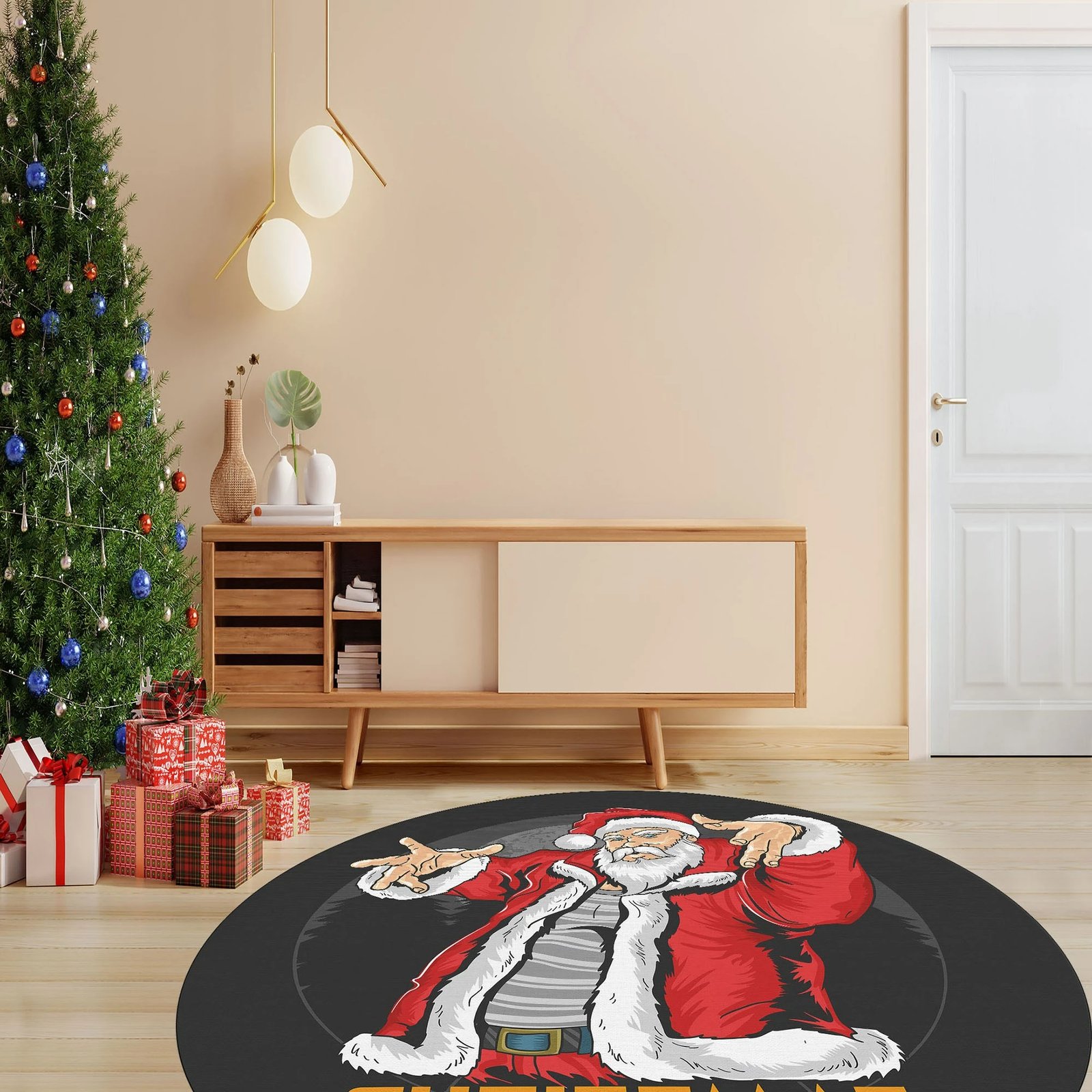 Qilim i rrumbullakët, dizajn me Santa Claus DJ, shumëngjyrësh, 90cm