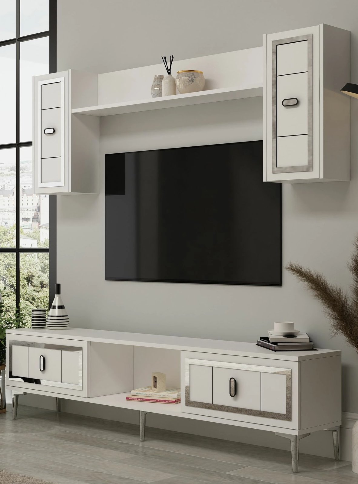 Komodë TV Skye Decor, e bardhë, argjend