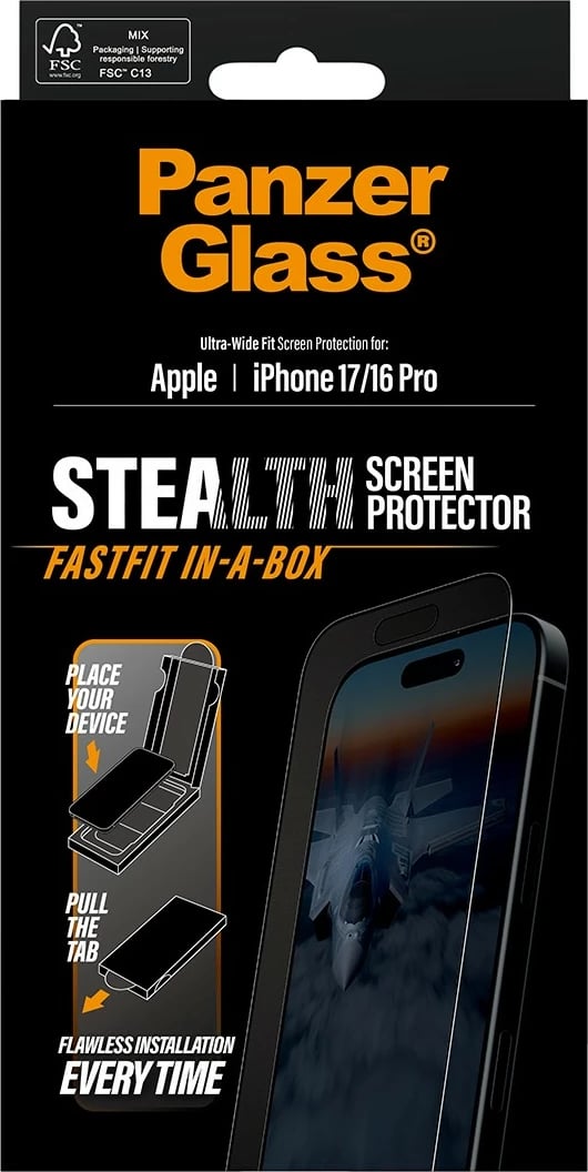 Mbrojtës ekrani PanzerGlass Stealth për iPhone 17 / iPhone 16 Pro, Ultra-Wide Fit, kornizë e zezë