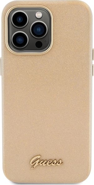 Mbështjellës Guess Glitter Glossy Script për iPhone 15 Pro Max, ari
