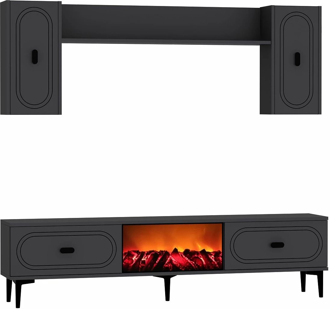 Komodë TV Skye Decor, ngjyrë antracit, me rafte dhe efekt oxhaku